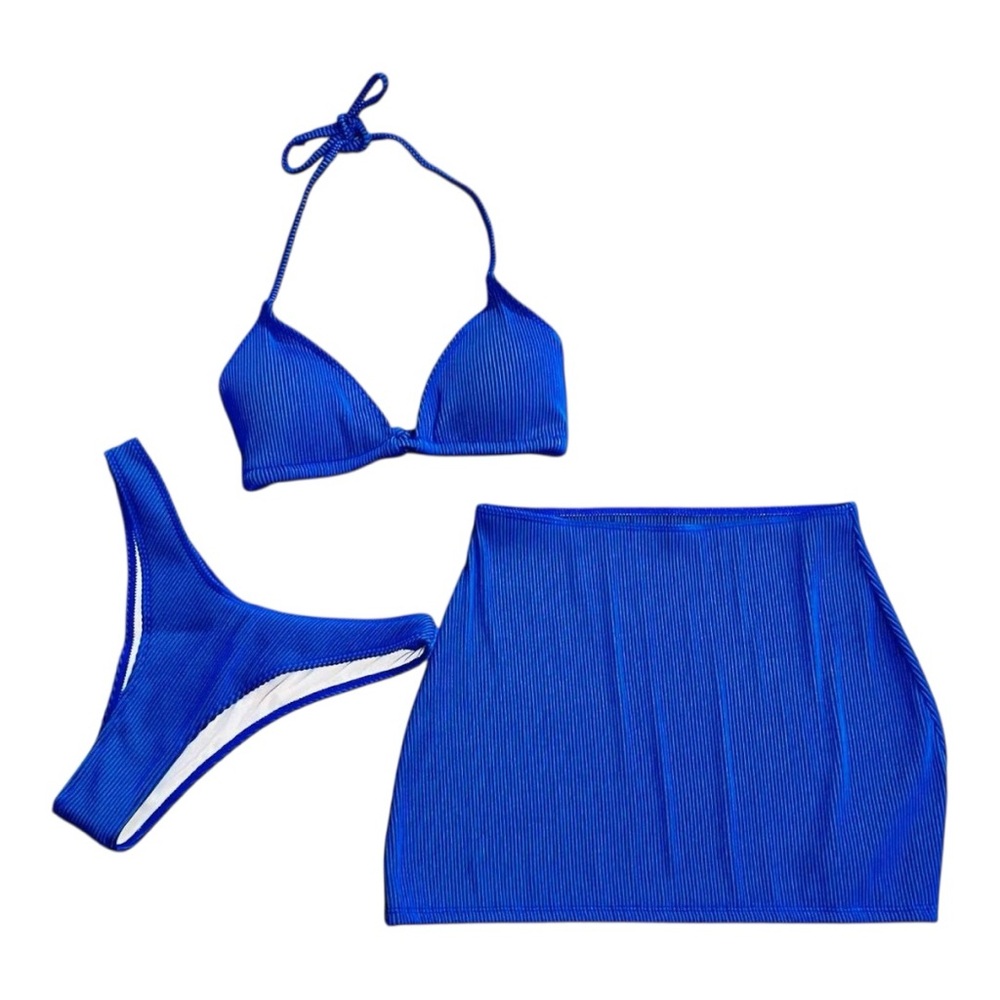 Sapphire Blue HighCut Ribbed Triangle Bikini 3 Pc Swimsuit Coverup Cruise Large